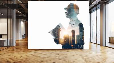 Confident architect holding blueprints with cityscape backdrop, blending urban elements and architectural plans for modern design and construction symbolizing growth, success, and future vision Wall mural