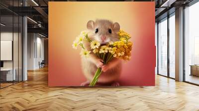 cute baby mouse holding a bouquet of spring flowers. Generative Ai Wall mural