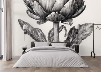 Detailed botanical illustration of an artichoke plant in black and white Wall mural