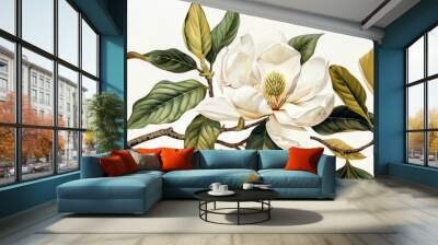 Detailed vintage botanical illustration of magnolia flower and plant, hand-drawn with historical accuracy and scientific elegance, showcasing the beauty of nature Wall mural