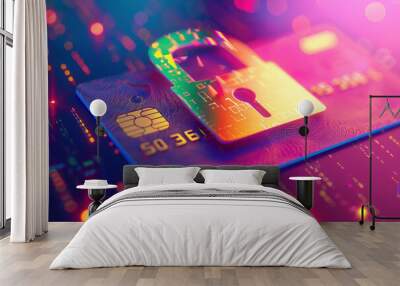 Digital lock is securing a credit card on a circuit board, representing online payment security and fraud prevention Wall mural