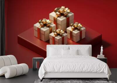 Four white gift boxes with golden ribbons standing on red cube against red background Wall mural