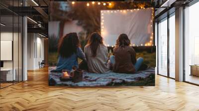 Friends enjoy an outdoor movie night, sitting on a blanket under string lights in a cozy backyard setting at dusk Wall mural