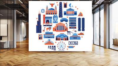 Blue and red vector set of Chicago' famous landmarks. Flat style designed historic buildings, sightseeing and known museums on white background. Wall mural