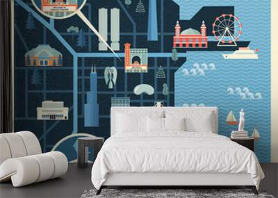 Vector illustration of map with landmarks of Chicago. Famous places, historical buildings, sightseeing and known museums. Flat style. Wall mural