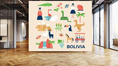 vector illustration sightseeings of bolivia with nature, animals and people in traditional clothes.  Wall mural