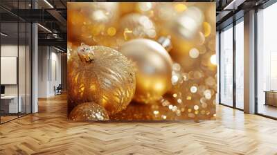 Glowing golden christmas elegance with shimmering baubles and glittering bokeh for a festive holiday decoration, close up with warm cheer and sparkling ornaments in a beautiful seasonal tradition Wall mural