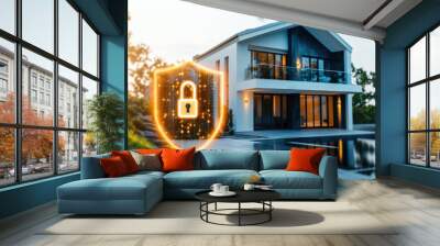 Glowing padlock and shield are superimposed over a modern smart home, representing a secure and protected residence Wall mural