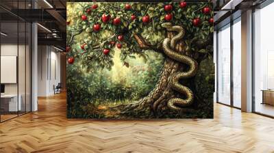 Golden serpent is wrapped around the trunk of a tree full of red apples in a beautiful garden Wall mural