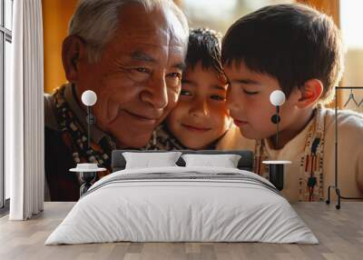 Grandfather smiling while spending time with his two grandsons, all wearing traditional clothing Wall mural