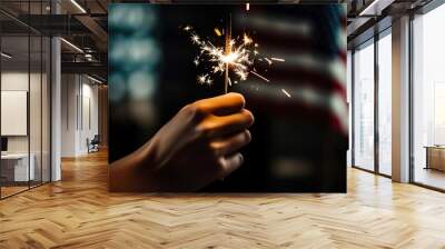 hand holding lit sparkler over American flag, independence day concept. Generative Ai Wall mural