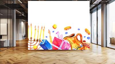 Hanukkah objects and food on the bottom of the page. Greeting design template. Hand drawn watercolor illustration Wall mural