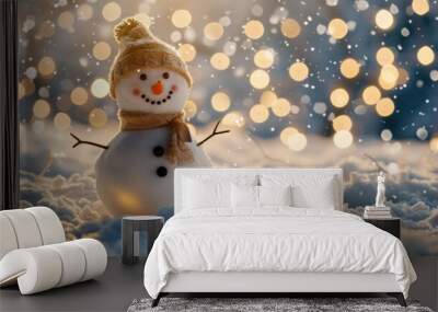 Happy snowman standing in a snowy landscape with golden bokeh lights, creating a magical christmas atmosphere Wall mural