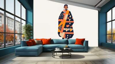 Illustration of an indigenous woman wearing a poncho with geometric patterns celebrating indigenous people's culture Wall mural