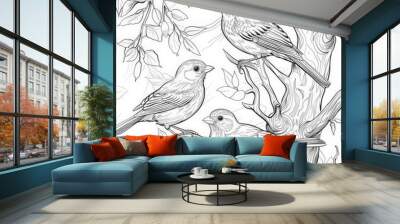 Intricate line art illustration of three birds sitting on a tree branch, surrounded by leaves, perfect for coloring books or nature-themed designs Wall mural