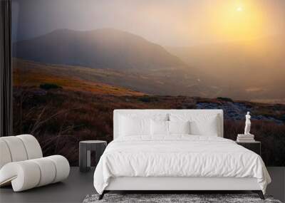 Beautiful sunset in Carpathian mountains in foggy weather , around Shpytsi rocks,  Ukraine Wall mural