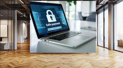 Laptop displaying a safe payment screen with a padlock icon, suggesting secure online transactions in a professional setting Wall mural