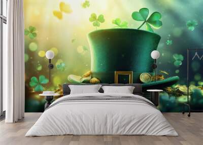 Leprechaun hat overflowing with gold coins and shamrocks is surrounded by a magical ambiance for st patrick's day Wall mural