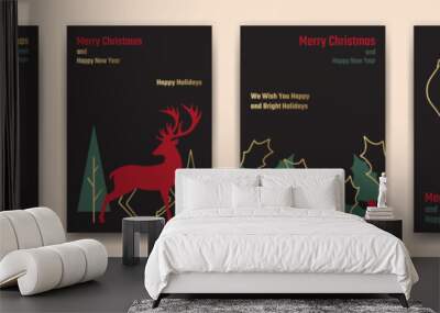 Set of New Year and Christmas greeting card templates. Modern vector design Christmas elements on black background for web banner, party invitations, posters, flyers, social media. Wall mural