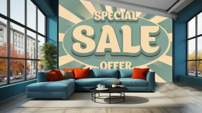 Shop sale poster on retro vintage abstract sunburst background. Banner for sale marketing promotion in store. Wall mural