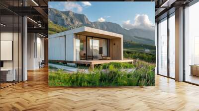 Luxurious modern eco-lodge surrounded by breathtaking natural landscape and designed with sustainable. Environmentally-friendly materials in a contemporary. Minimalist style. Conscious construction Wall mural