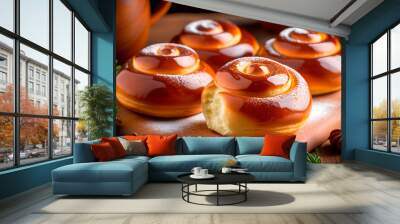 Sweet pastry buns close-up. A photo of fresh ruddy pastries for a pastry shop. Wall mural