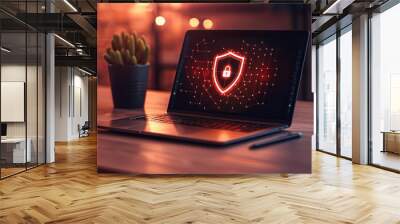 Open laptop displaying a bright red shield with padlock, symbolizing online security and data protection Wall mural