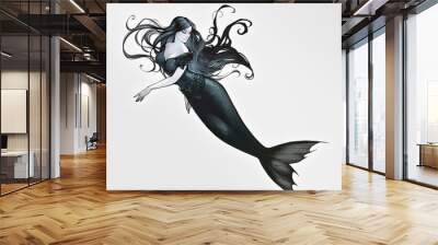 Fantasy graphic illustration of a beautiful gothic witch mermaid with long black curly hair Wall mural