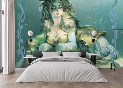 Original digital illustration of a beautiful, elegant capricorn zodiac as a goat woman creature  with a moon symbol between her horns  Wall mural