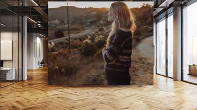 Woman in Sweater in Canyon with Golden Hour Light Wall mural