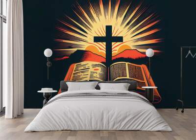 Religious concept with cross and bible book. Generative Ai Wall mural