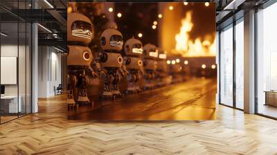 Robotic toys lined up by a cozy fireplace during the festive holiday season, showcasing warm lights and seasonal decorations Wall mural