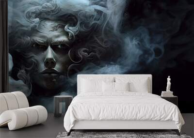 Scary zombie face with black and white smoke on a black background, panoramic layout. Generative Ai Wall mural