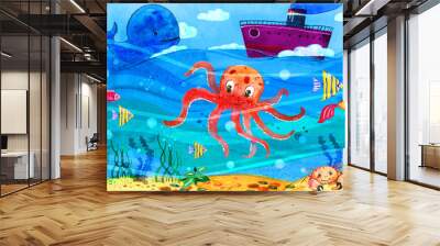 Sealife children play mat watercolor hand drawn stylized illustration Wall mural