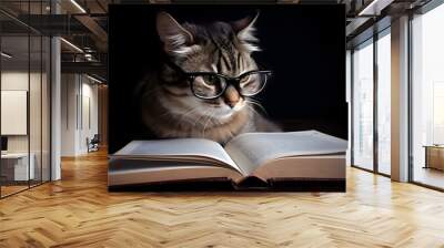 Cat in the glasses reading a book on black background. Generative AI. Wall mural