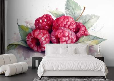 Watercolor painting of raspberry on white background. Generative AI. Wall mural