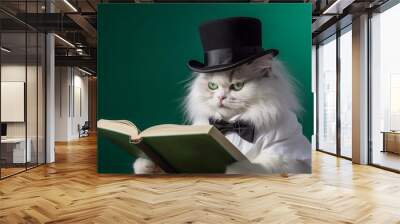 White fluffy cat in black hat reading a book on green background Wall mural