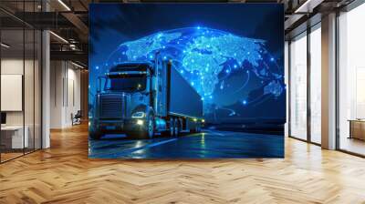 Semi-trailer truck driving at night delivering around the world with global network connection showing international trade and logistics Wall mural