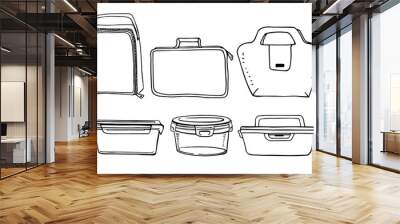 Set of food empty plastic food containers. And bags for lunchboxes. Hand drawn outline isolated vector sketch illustration Wall mural