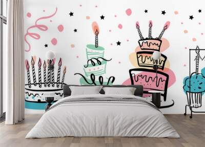 Set of stylized birthday cakes with color spots and decorations decorations. Hand drawn cartoon outline sketch illustration Wall mural