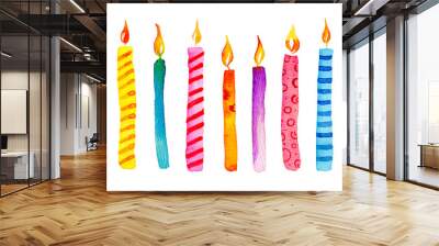 Set of stylized birthday candles. Hand drawn cartoon watercolor sketch illustration Wall mural