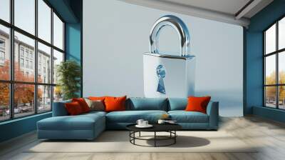 Shiny closed padlock standing on a light blue background representing the concept of security Wall mural