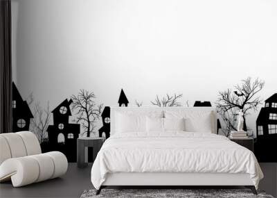 Silhouettes of haunted houses and dead trees forming a spooky village on a white background Wall mural