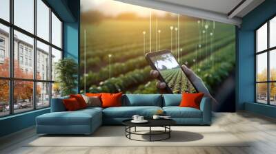 Smart farming digital technology, agriculture app at farm. Generative Ai Wall mural