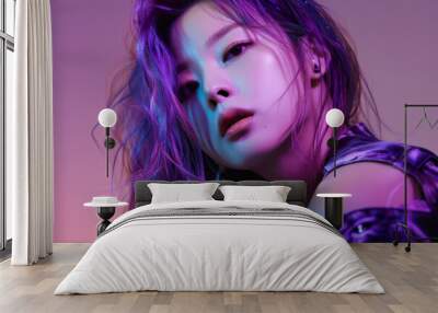 Stylized close-up of a k-pop inspired model with a vibrant neon background, showcasing a modern and edgy look reflective of korean pop music culture's influence and trendsetting aesthetic Wall mural