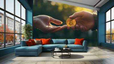 Two businesspeople exchanging a bitcoin outdoors with golden sunlight Wall mural