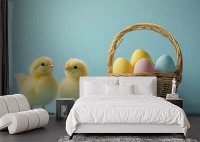 Two cute baby chicks standing near a wicker basket full of colorful easter eggs on a blue background Wall mural