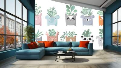 Vector big set of cute house plants in funny animal pots. Wall mural