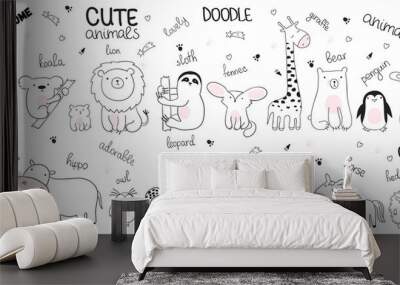 Vector cartoon sketch illustration with cute doodle animals Wall mural