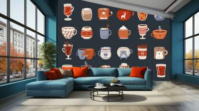 Vector collection of hot drinks in a cute mug in flat design. Hot chocolate, coffee, cocoa with marshmallow. Autumn and winter holidays set. Wall mural